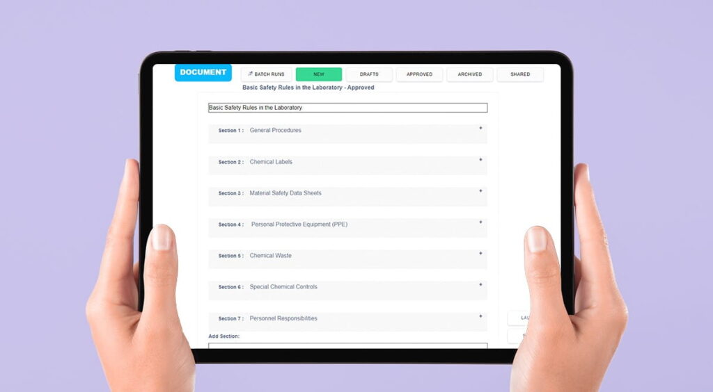 Laboratory Safety procedures loaded on the screen of a table, using the Digital GxP app.  Benefits of Digital SOPs.